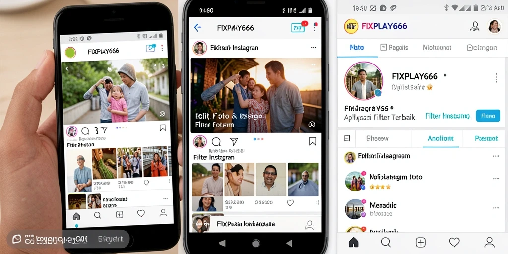 Tampilan antarmuka aplikasi FIXPLAY666 dengan berbagai filter Instagram